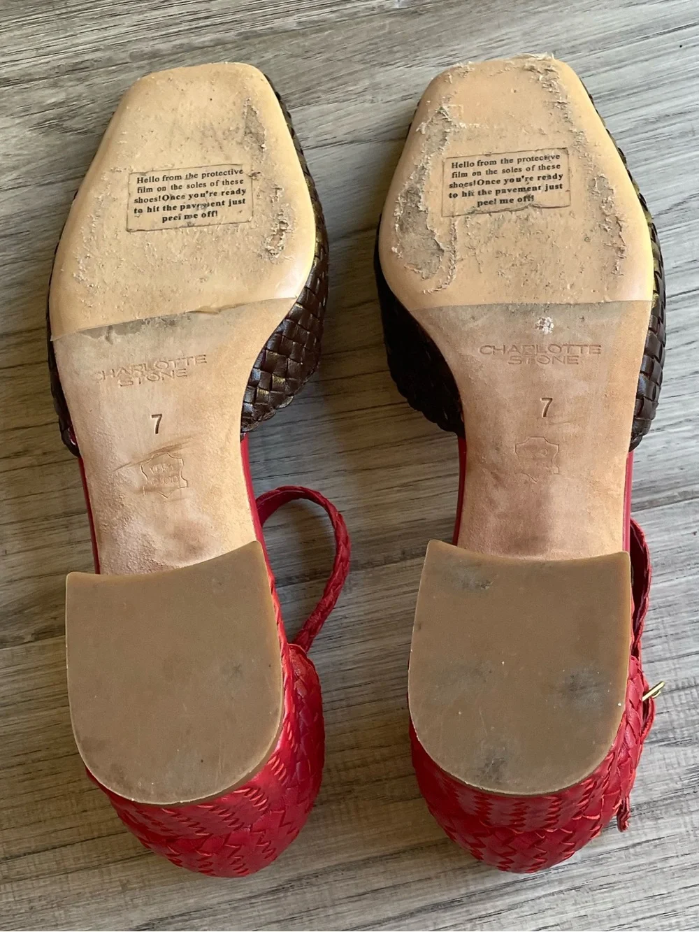 Charlotte Stone Mary Jane Chunky Heel Woven Leather Brown/Red Mod Chic SZ 7